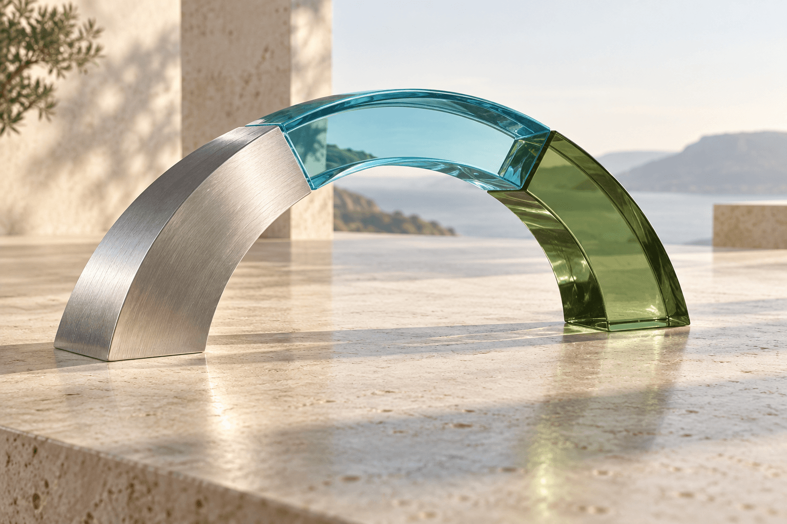 Three complementary materials forming a shared bridge, representing collaboration