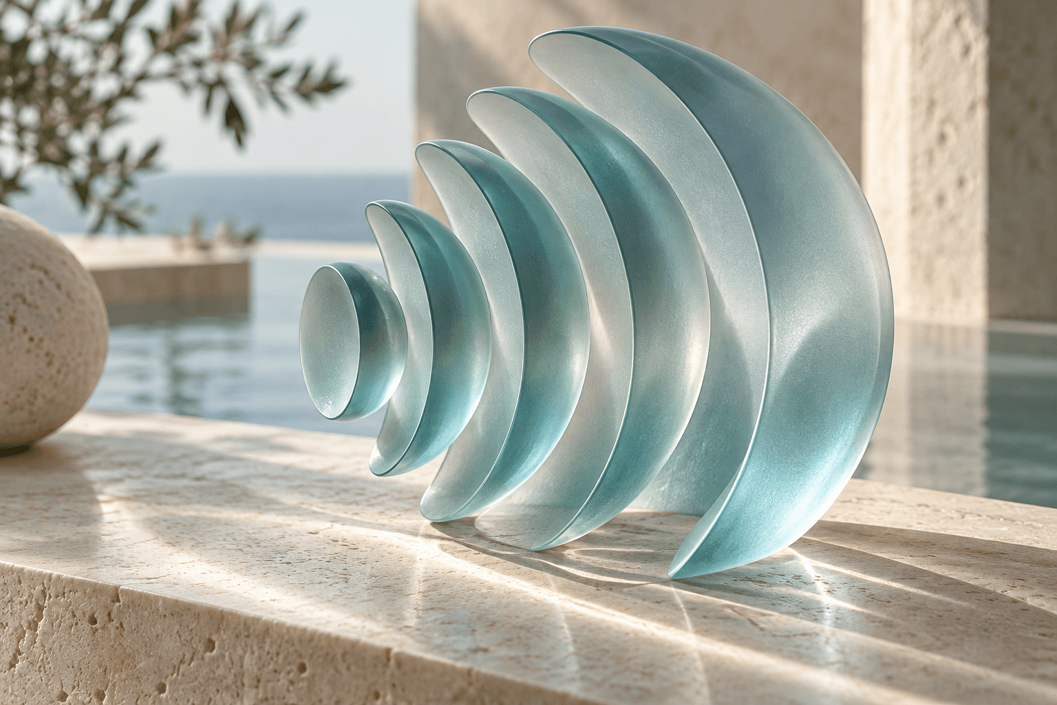 Curved glass forms receiving light, representing listening