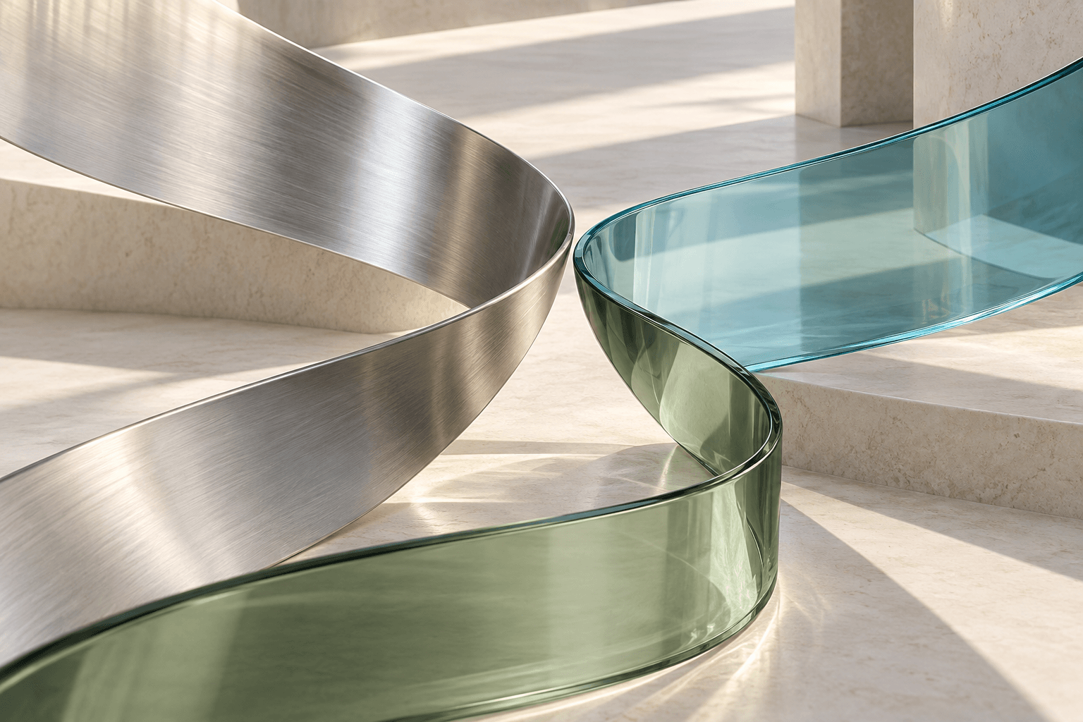 Sculptural glass and metal forms converging into a shared space