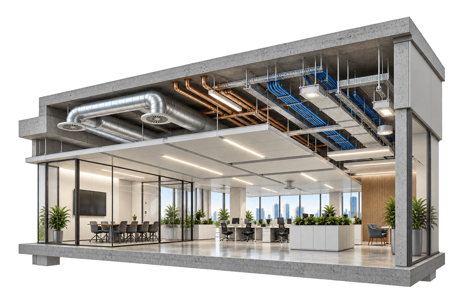Architectural cutaway of a finished office, revealing ventilation, power and communication systems above the ceiling.